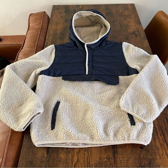 London Fog Dark Blue & Cream Color-Block Puffer-Panel Sherpa Hooded Pullover - Picture 14 of 14